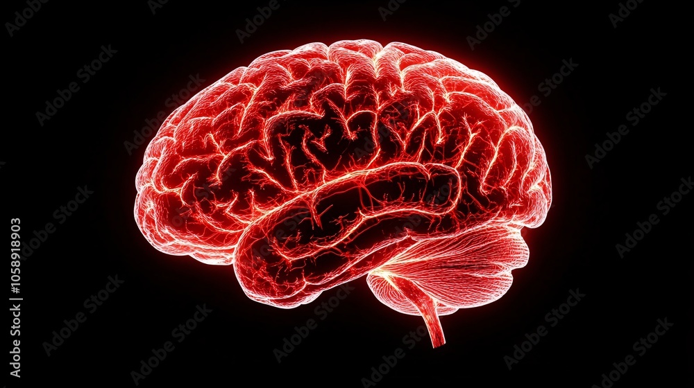 Poster 3D-rendered brain displaying detailed blood vessels and neural pathways, focusing on potential surgical areas with copy space for text