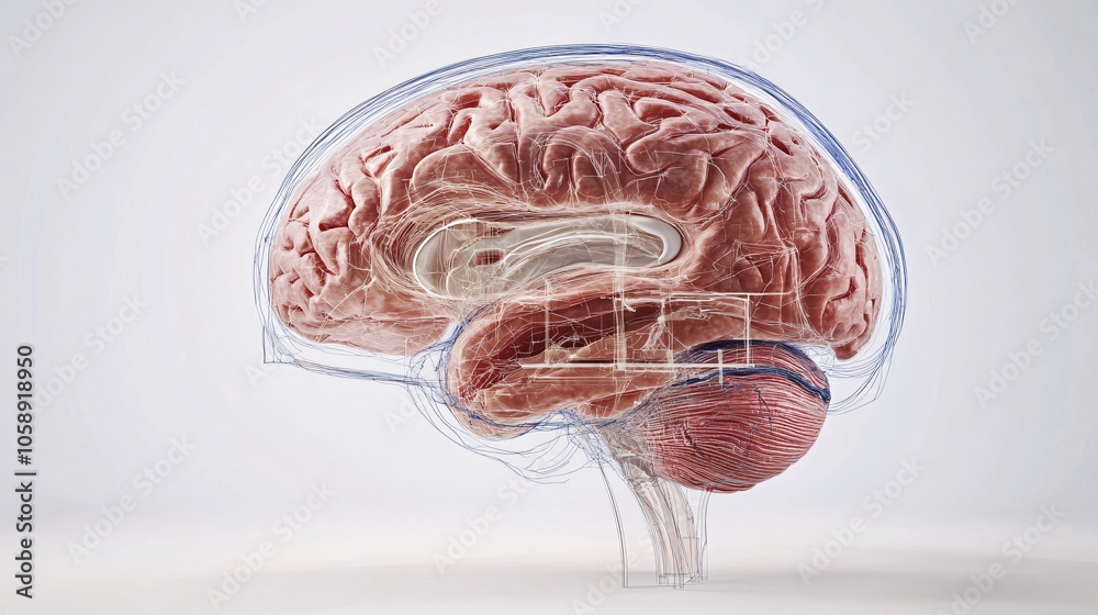 Aufkleber Virtual brain model with layered sections highlighting areas for surgical intervention and treatment pathways with copy space for text