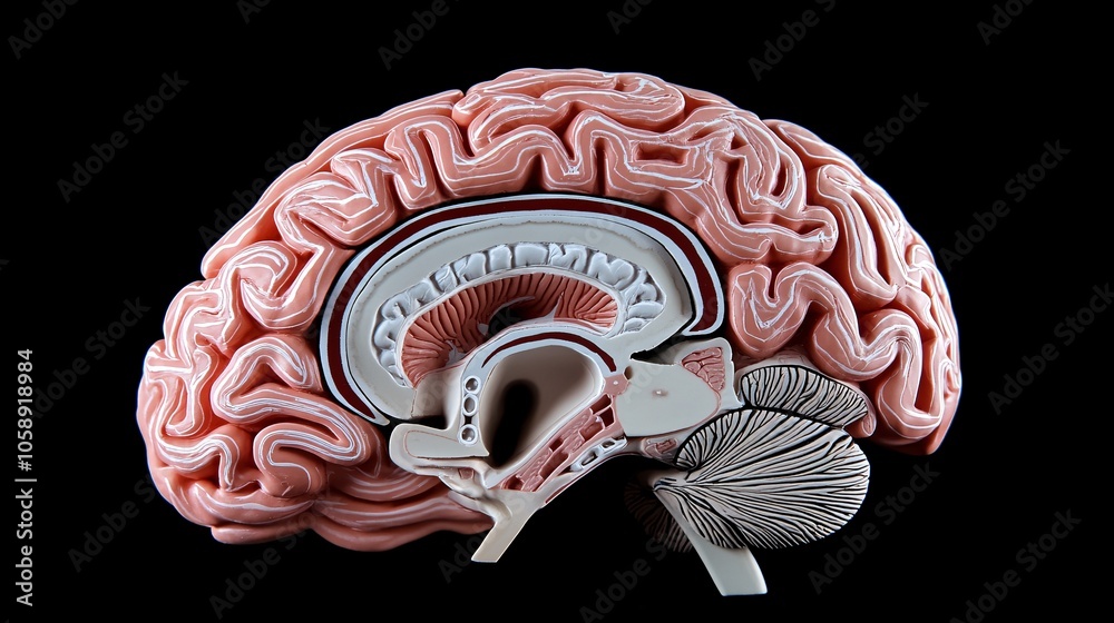 Poster virtual brain model with layered sections highlighting areas for surgical intervention and treatment
