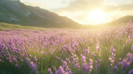 Obraz premium Serene Lavender Field Under a Glowing Sunset