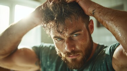 Obraz premium A man with wet hair looks intensely at the camera while styling his hair with both hands. His focused expression is highlighted by the light shining from behind him.