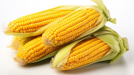Three ears of fresh corn on the cob with husks, isolated on a white background.