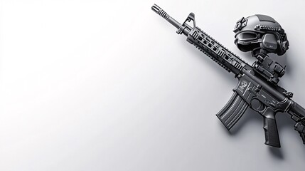 Naklejka premium A black rifle and a tactical helmet are placed on a white background, leaving room for text. Generative ai