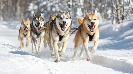 Naklejka premium Dog sled team racing through snowfilled forest, frosty breath in air, exhilarating winter journey