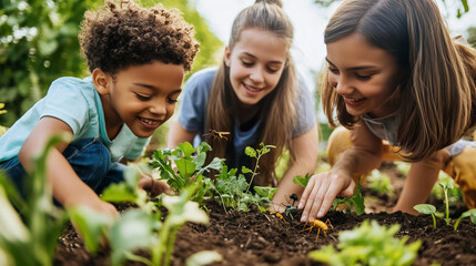 Children exploring nature in a school garden, discovering plants and insects, with teachers guiding them in an interactive outdoor learning experience
