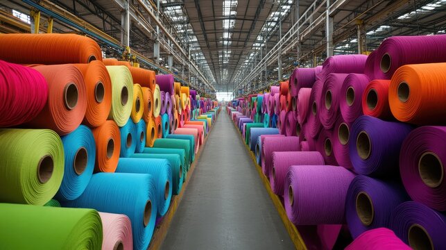 Colorful Spools of Fabric in a Textile Warehouse