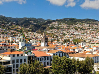 Funchal cityscape on Madeira island, historic church in Funchal 