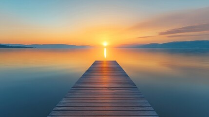 Fototapeta premium Sunset over a tranquil lake viewed from a wooden pier, creating a serene atmosphere. The lake reflects warm sunset colors, adding to the peaceful vibe of the scene. Ample copy space available.
