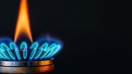 Gas flame burning on a stove against a dark background.