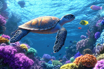 Obraz premium A Vibrant Underwater Scene Featuring a Graceful Sea Turtle Swimming Among Colorful Coral Reefs