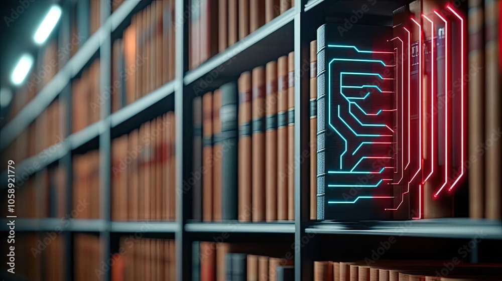Poster bookshelf with futuristic circuit design glowing in neon colors.