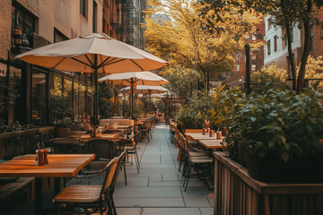 Outdoor table terrace with plants and umbrella