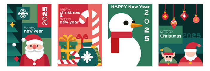Xmas card modern geometric design, Santa and snowman, tree and gift. Icon minimal winter season abstract poster, New year celebration. Background ornament 2025. Vector pattern cartoon illustration