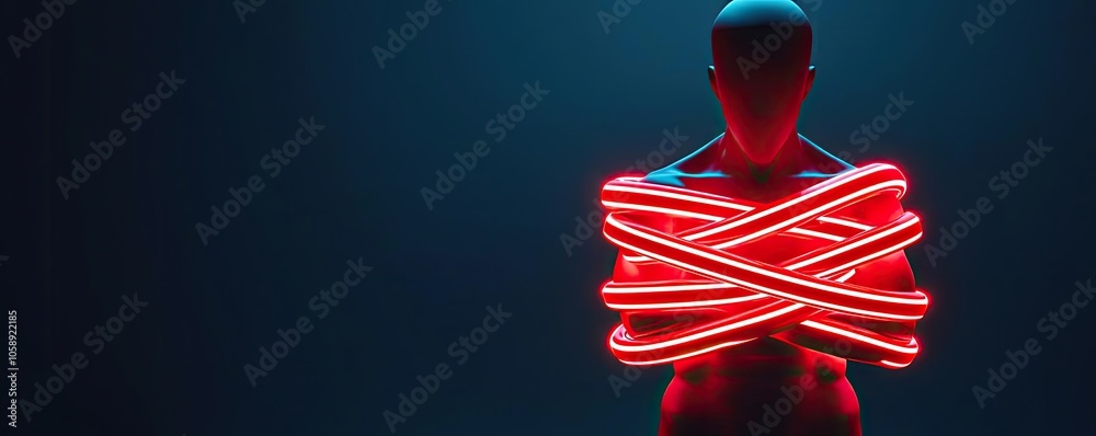 Poster Figure wrapped in red neon lights, creating a striking visual effect.