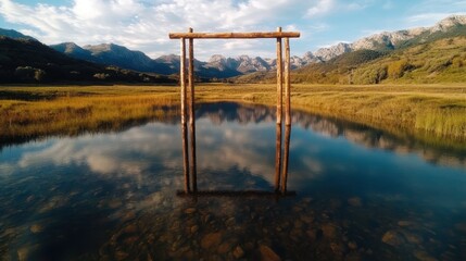 A wooden frame stands centered in tranquil waters, reflecting the stunning surrounding landscape of hills and sky, offering a picturesque and serene scene.