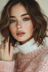 Naklejka premium Young woman with short curly hair in a cozy turtleneck sweater posing against a light background