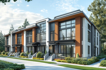 Facade of modern new residential townhouse, Modern apartment building complex