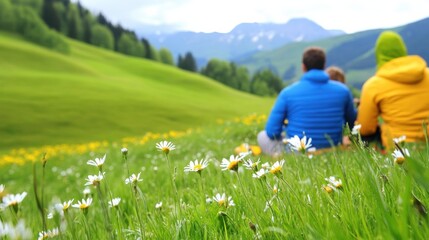 Naklejka premium Family enjoying a serene picnic amidst lush green hills and blooming daisies, AI