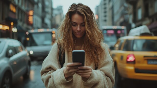 A woman standing amidst heavy city traffic checks her phone while wearing a cozy sweater, framed by taxis and buses, depicting urban life's constant motion.