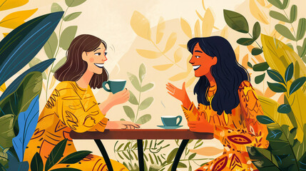 Smiling Women Enjoying Coffee and Chatting