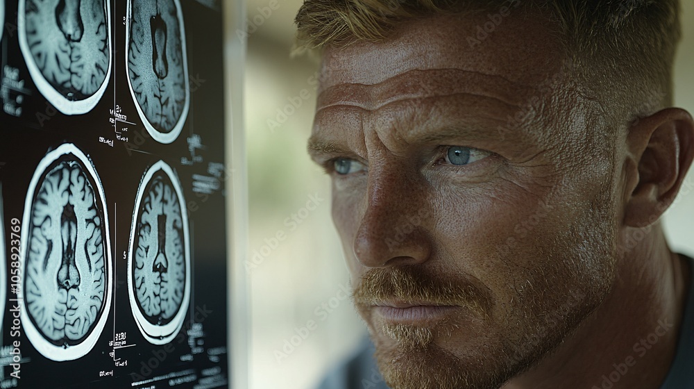 Aufkleber doctor examining a brain scan x-ray with a concerned expression looking for stroke indicators with c
