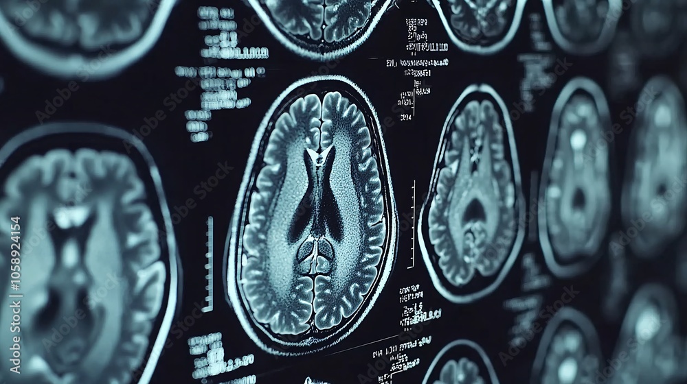 Poster medical professionals analyzing a brain scan x-ray to locate the cause of a stroke with copy space f