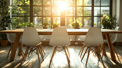 Obraz premium A modern conference room bathed in sunlight, featuring sleek white chairs and a wooden table, surrounded by lush green plants and large windows for a serene atmosphere.