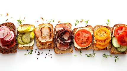 A variety of delicious and healthy open sandwiches arranged beautifully, highlighting the diverse ingredients and colors, with ample copy space for additional text or designs.