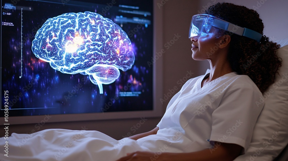 Poster Doctor using a 3D hologram of the brain to explain affected areas to a stroke patient with copy space for text