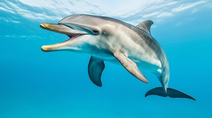 Fototapeta premium A playful dolphin swims gracefully underwater, showcasing its distinctive features against a vibrant blue backdrop.