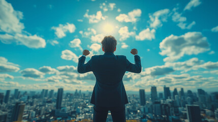 ガッツポーズをする男性の背中