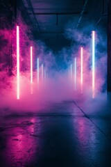 Bright neon columns illuminate a smoke filled space in an artistic installation at night