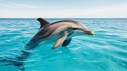 Obraz premium A dolphin leaps gracefully above the turquoise water, showcasing its sleek body against a clear blue sky.
