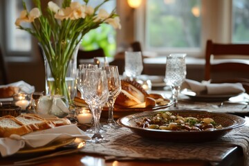 A warm and inviting Passover Seder table with all its elements. 