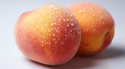 Fototapeta premium Two fresh peaches with water droplets, one in front of the other.