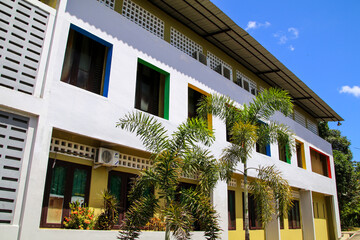 Artistic modern school building seen side and front in bright daylight