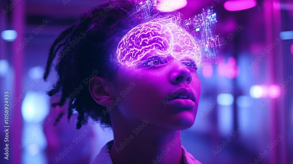 Poster Doctor using an interactive 3D hologram to discuss brain function with a young stroke patient with copy space for text