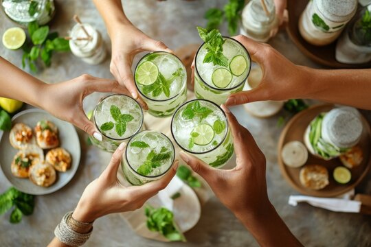 Friends celebrate with refreshing minty drinks and snacks during a summer gathering