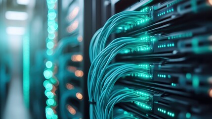 An interior of a modern server room filled with servers having illuminated cables, focusing on the theme of connectivity, data management, and technology.