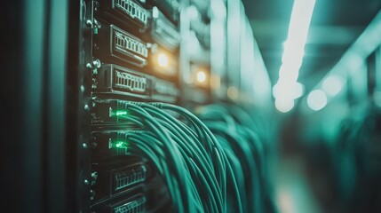 A data center server room showcasing multiple servers with glowing green cables connecting them, emphasizing technology, network, and information infrastructure.