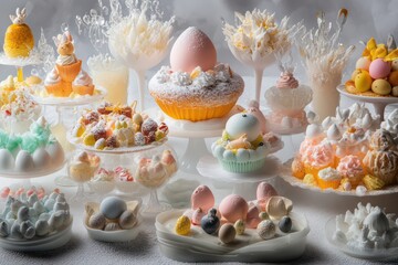 Obraz premium Artful arrangement of Easter-themed desserts and treats.