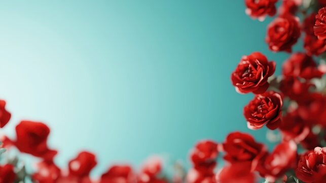 Red roses cascade across a tranquil turquoise background elegantly, embodying romance and artistry with a modern touch, perfect for floral enthusiasts.