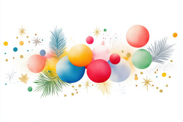 Colorful watercolor Christmas ornaments and festive elements create joyful holiday atmosphere, featuring vibrant spheres and delicate foliage