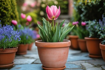 Pink tulips blooming in a terracotta pot surrounded by blue flowers in a serene garden setting