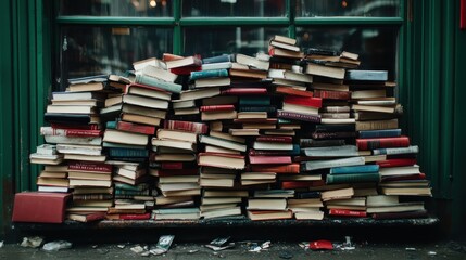 A collection of assorted books stacked against a green window frame, showcasing a charming vintage taste and an inviting reading atmosphere in a small book store.