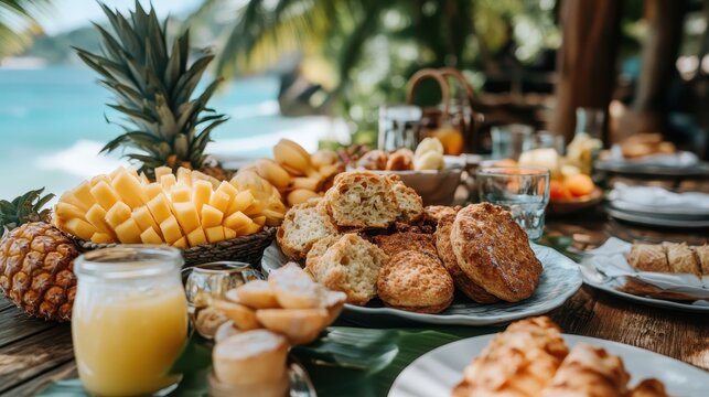 An appealing coastal themed brunch setting on a table near the beach, featuring a delicious selection of pastries and tropical fruits, perfect for leisurely enjoyment.