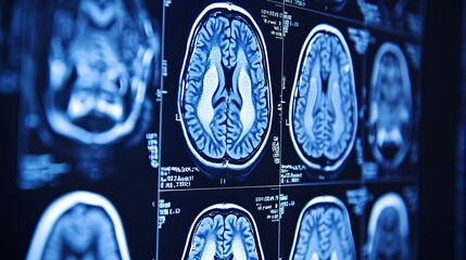Doctor and nurse analyzing MRI brain images to locate damaged areas in a young stroke patient with copy space for text