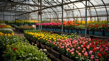 A thriving horticulture business showcasing a lush greenhouse filled with a variety of vibrant garden flower plants in full bloom, indicating growth and cultivation.