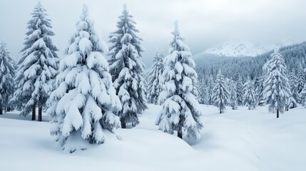 Obraz premium Snowy Evergreen Forest Winter Landscape Frosty Trees Mountain Background