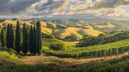 Obraz premium Panoramic view capturing the rolling hills, lush vineyards, and tall cypress trees, creating a serene landscape. Ideal for those seeking rolling hills imagery with vibrant scenery.